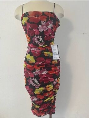 B Darlin Juniors Bungee-Strap Ruched Mesh Bodycon Dress Black/Red/Yellow Size M